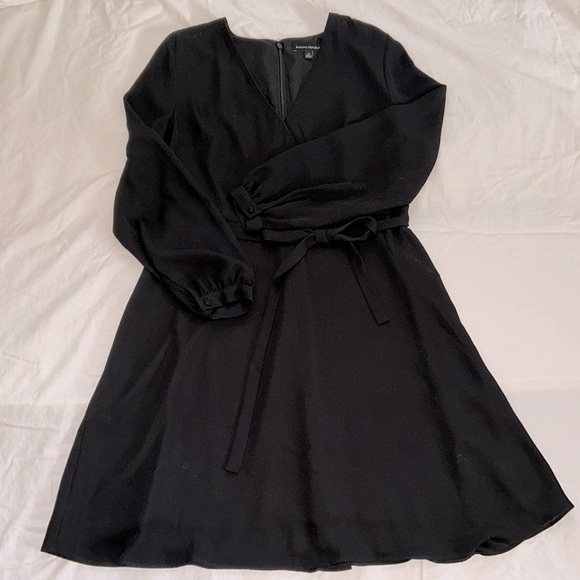 EUC classic black faux-wrap dress with tie, cute button detail at sleeve - Picture 2 of 12